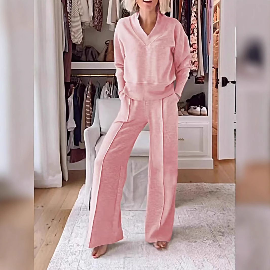 Women's Pullover Suit Casual Collared Long-Sleeved V-neck Top And Loose Straight-Leg Pants Fashion Sweatshirt Sport Trousers Set - Image 7