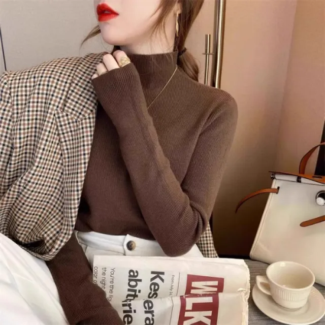 White Stand Collar Half Turtleneck Long sleeve Knitted Undershirt Brown - Shop at LoveMi