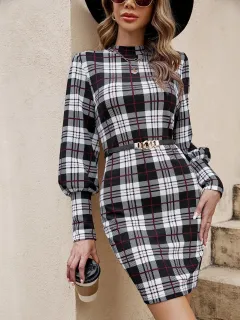 Fashion Lantern Sleeve Printed Tight Dress - Black - View 1