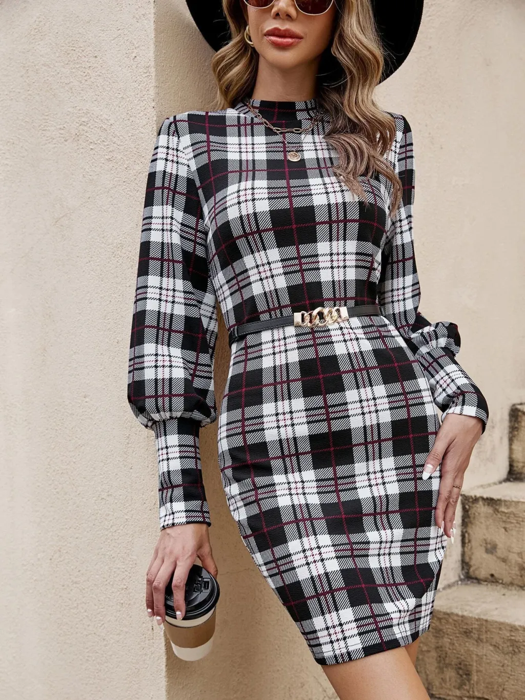 Fashion Lantern Sleeve Printed Tight Dress - Black