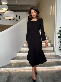 Fashionable Elegant Slim Fit Square Collar Long Sleeve A- Line Dress Women - Black - View 1