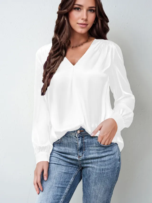 Satin Pleated Long sleeved Top V neck Casual Loose Shirt White - Shop at LoveMi