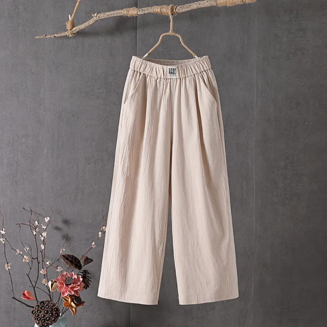 All match High Waist Plus Size Loose Middle aged And Elderly Cropped Wide leg Pants Beige - Shop at LoveMi