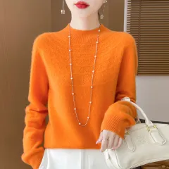 Front Line Ready-made Garments Half-collar Wool Sweater Women's Inner Wearing Hollow-out Loose Knitted Base - Emma Orange - View 1