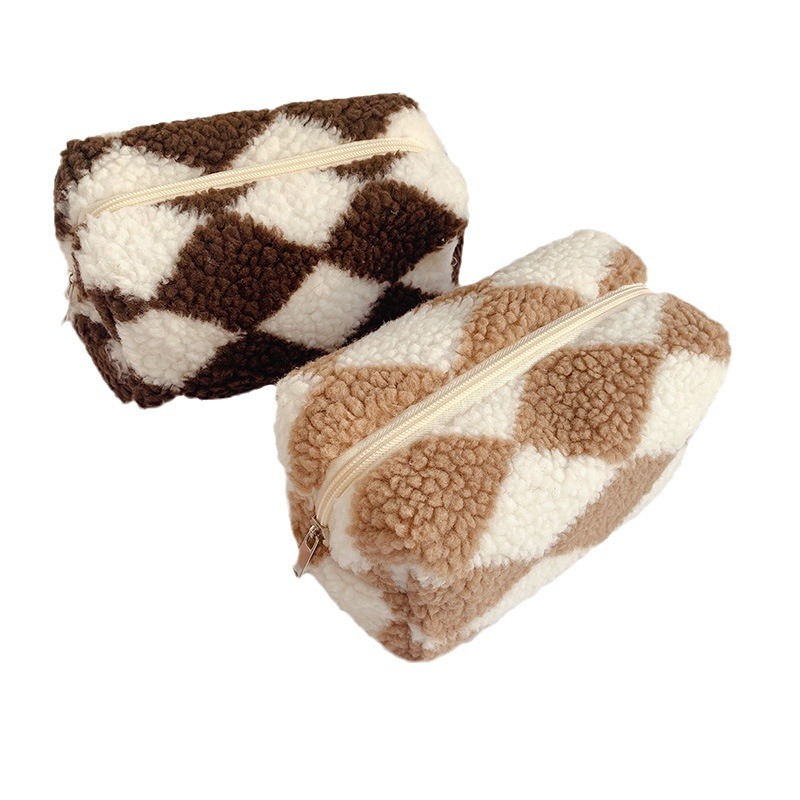 Niche Design Plaid Plush Pencil Case Large-Capacity Storage Bag