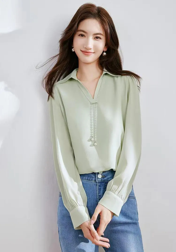 French-style Solid-color Loose Long-sleeve Shirt - Green