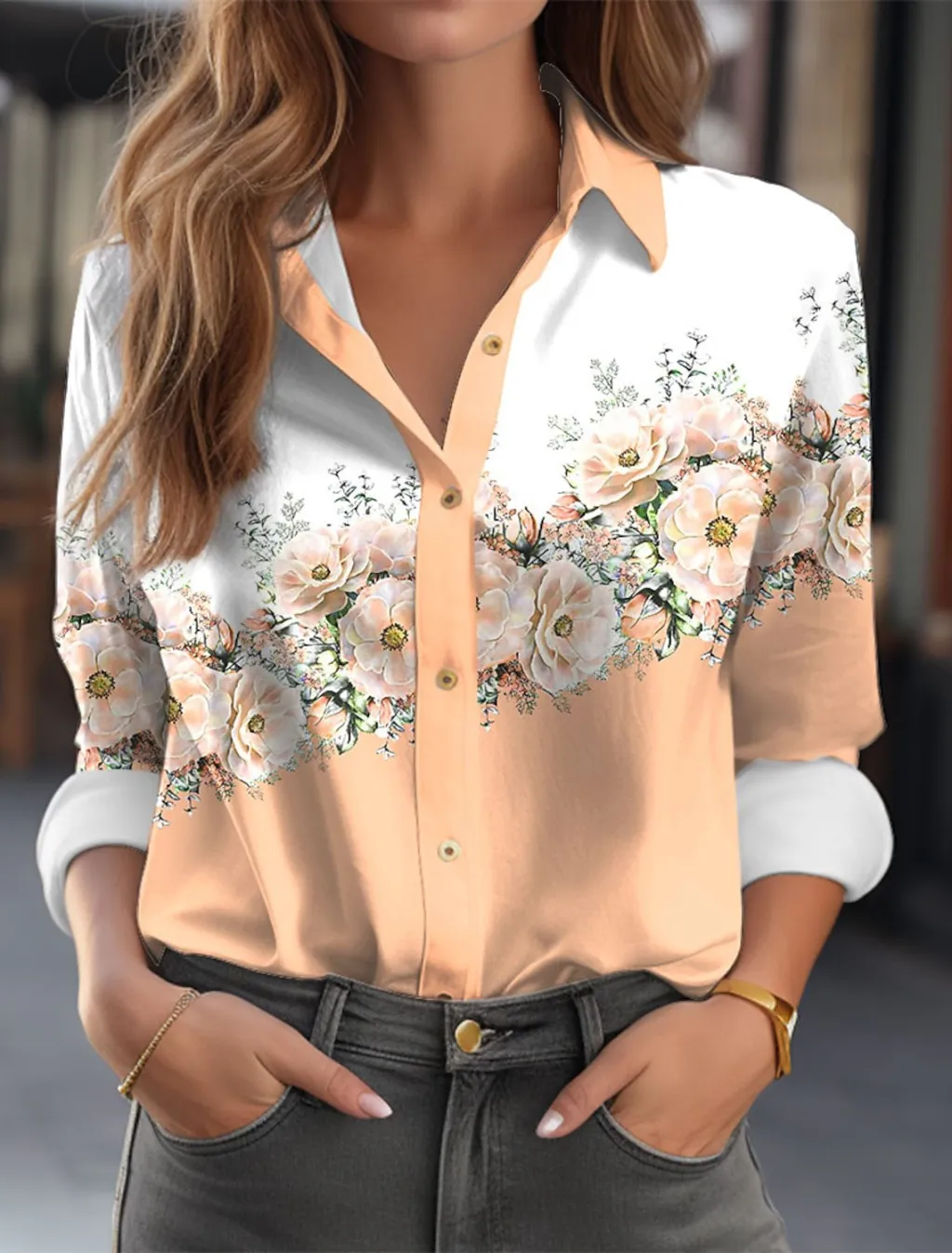 Women's Color Matching Printed Long-sleeved Lapel Button Shirt - 3V5Yy5Y-Xxxxl