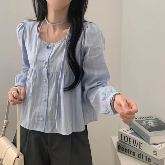 Ribbon Design Single breasted Long Sleeve Shirt Women's All match Top Blue - Shop at LoveMi