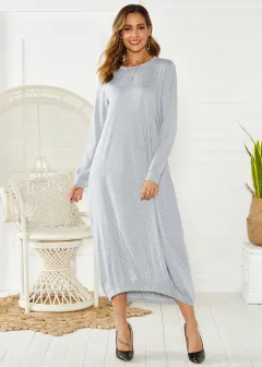 Lace-up Crew Neck Loose Long Dress - Grey - View 1