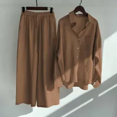 Women's 2-piece Retro Plus Size Cotton Linen Shirt Outfit High Waist Loose Trousers - Brown - View 1