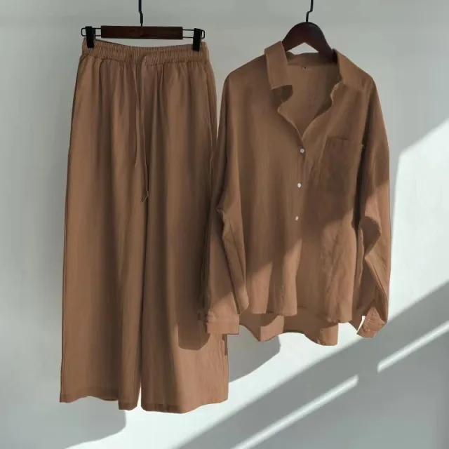 Women's 2 piece Retro Plus Size Cotton Linen Shirt Outfit High Waist Loose Trousers Brown - Shop at LoveMi