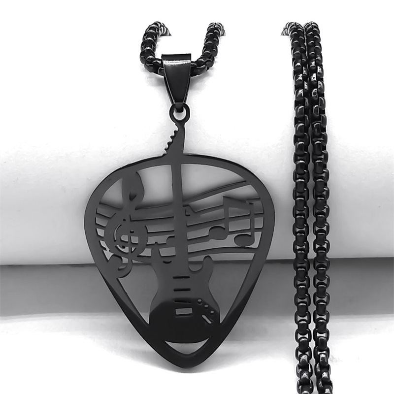 Guitar Pick Pendant Necklace Men's Stainless Steel Punk Rock Music Notes