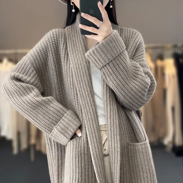 New Lazy Wind Mid length V neck Sweater Coat Women Camel - Shop at LoveMi