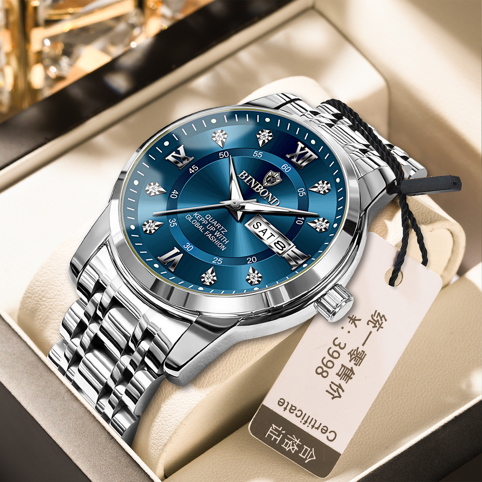 Binbang Business Light-Luxury Quartz Watch For Men White Steel Blue Men's Style