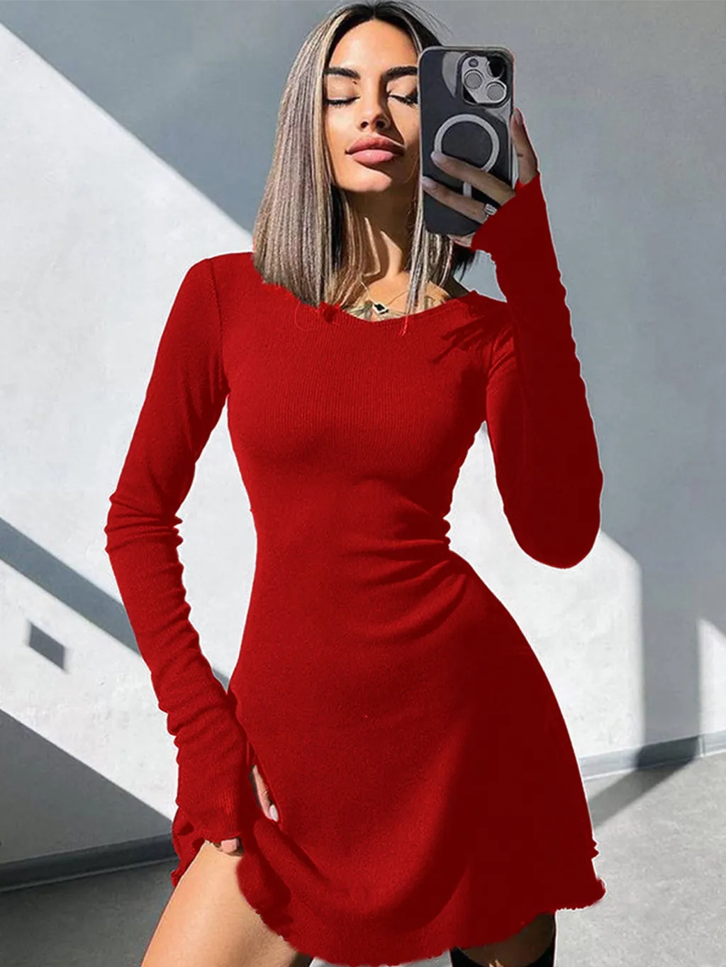 European And American-style Women's Solid-color Back-tie Waist-hugging Dress High-waisted A-line Skirt - Red
