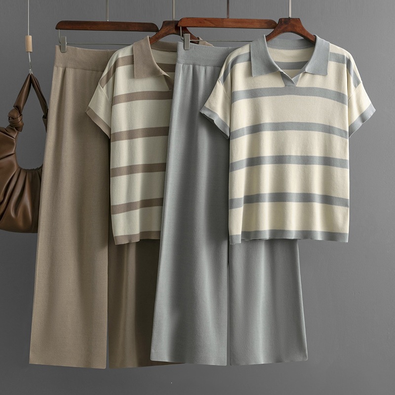 Short-sleeve Knit Top And Solid-color Loose Wide-leg Pants Two-piece Set