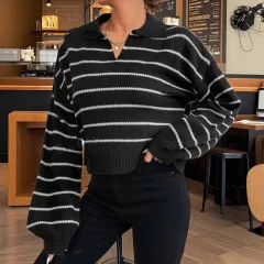 Women's Elegant Polo Collar Stripes Loose Sweater - Black - View 1