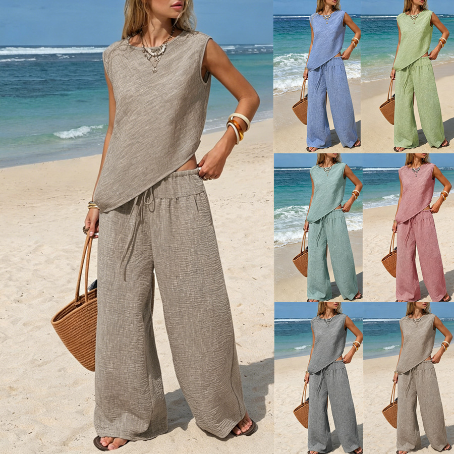 Womens Two-Piece Set Asymmetrical Vest And Wide-Leg Pants