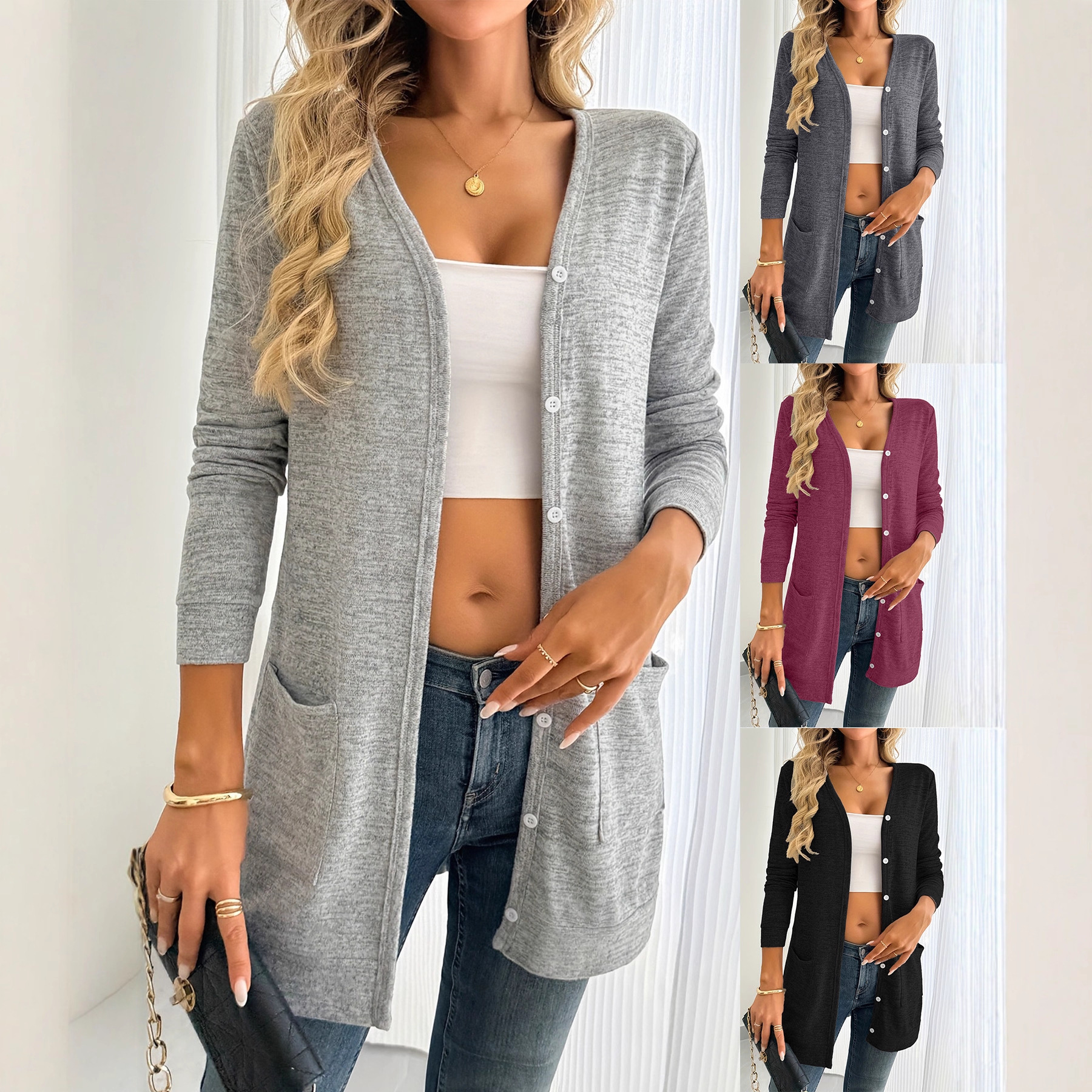 Solid-color Loose-fitting Long-sleeve Cardigan With Pockets