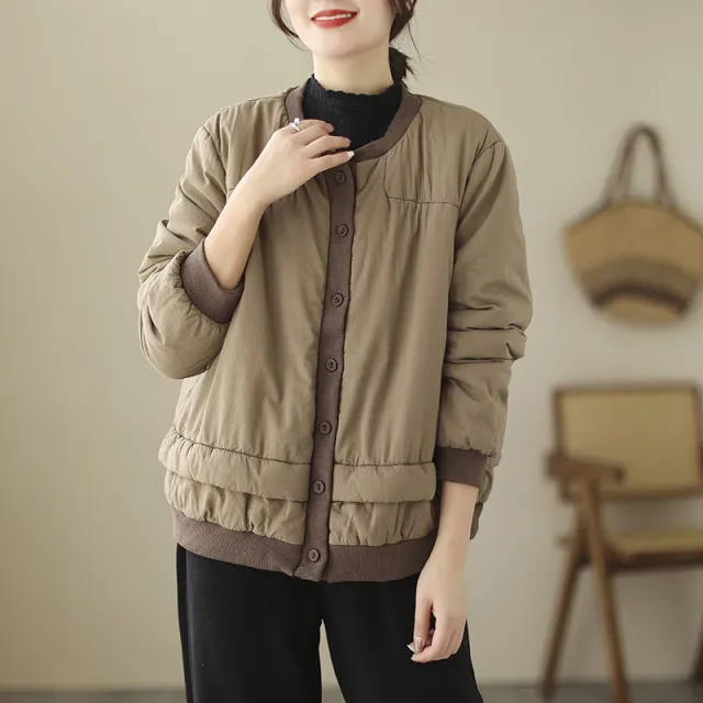 Retro Cotton Padded Thickened Cotton padded Jacket Short Coat Khaki - Shop at LoveMi