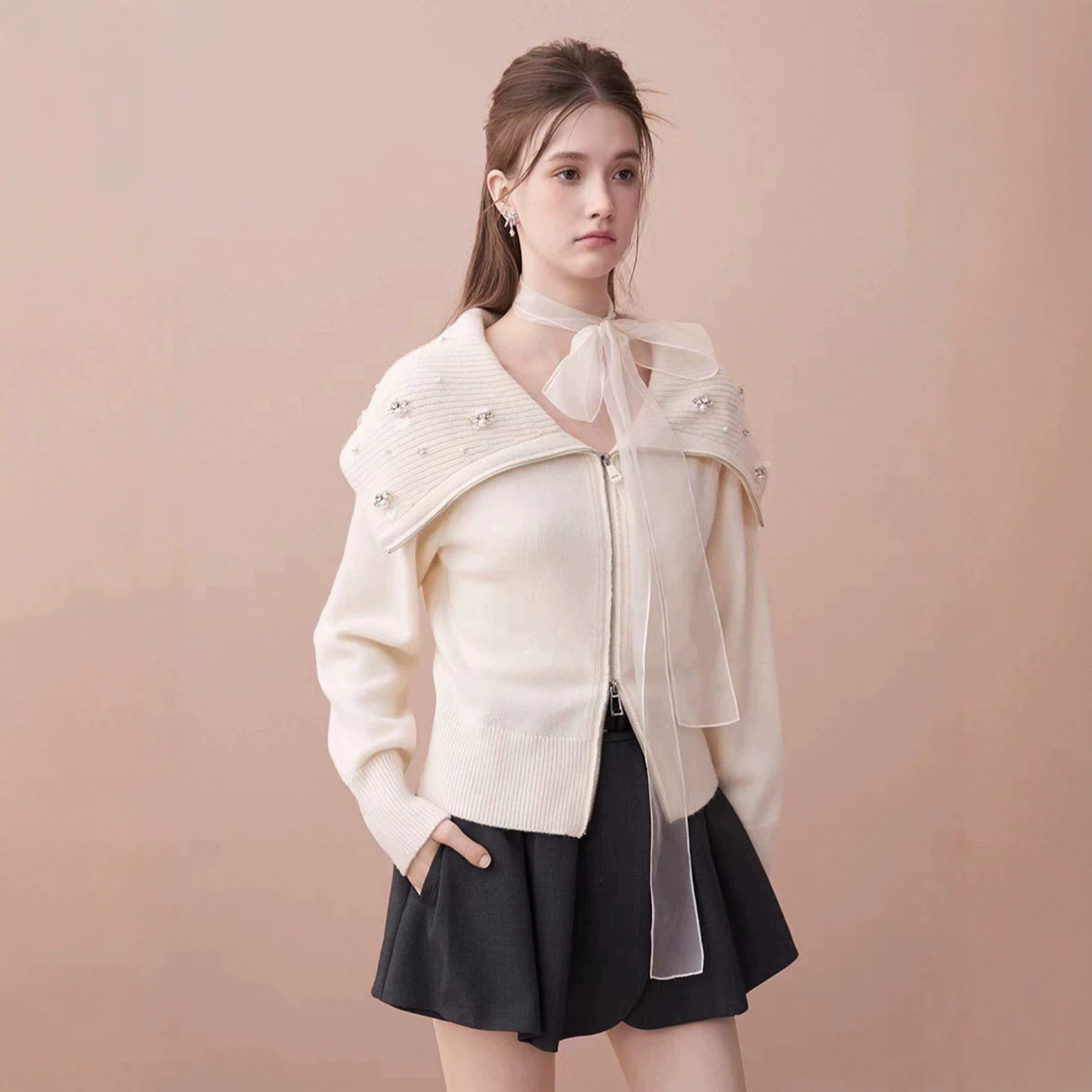 Lapel-collar Zip-up Sweater Cardigan Top product image