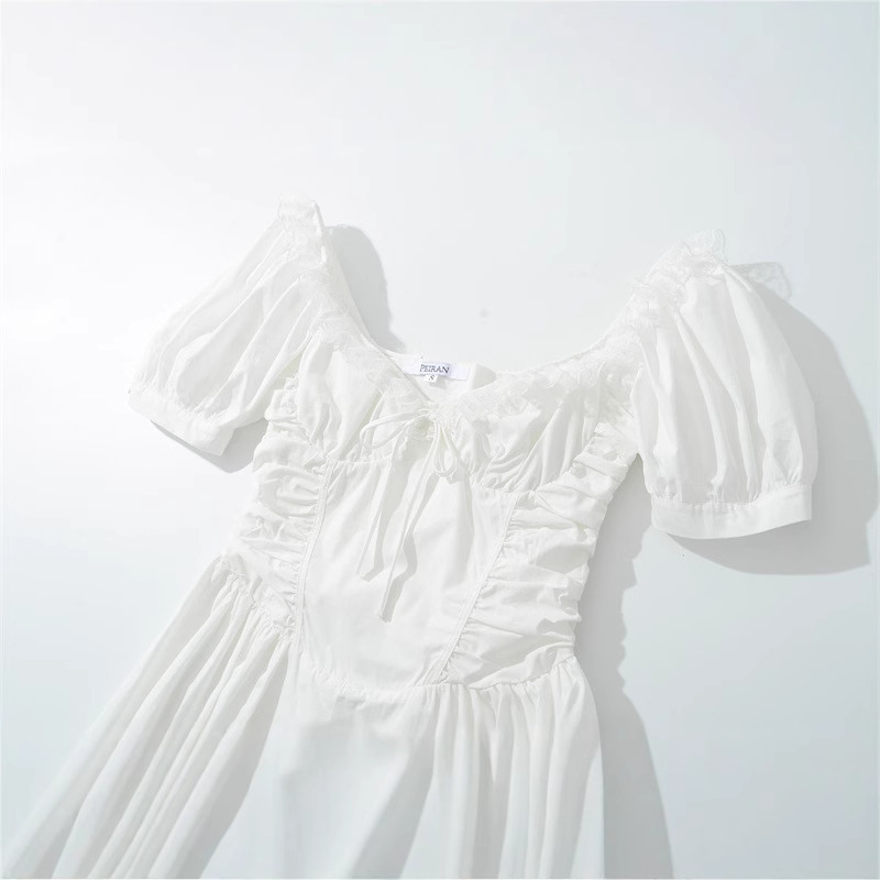 French Style High-grade Square Collar Pleated Slim-fit Drawstring Waist Dress