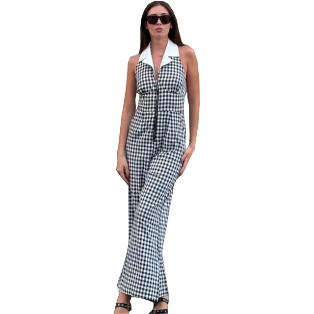 Sexy Backless Blouse Collar Zipper Plaid Jumpsuit White - Shop at LoveMi