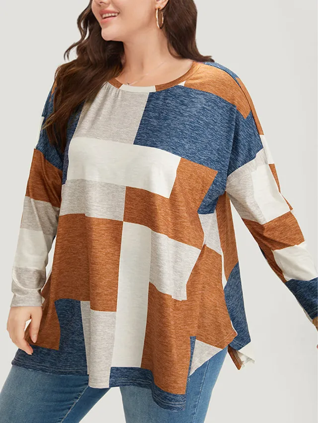 Fashion Casual Round Neck Printed Plus Size Long Sleeve T shirt Multicolor - Shop at LoveMi