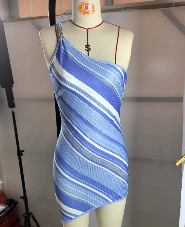 Backless Oblique Shoulder Strap Color Stripes Stitching Dress Blue - Shop at LoveMi