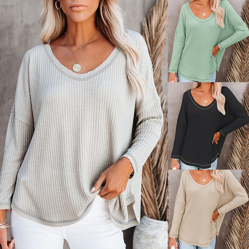 Womens Waffle-knit Casual Chic Long-sleeve Relaxed-fit