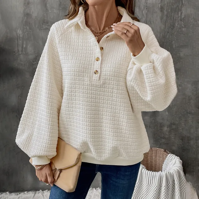 Women's Texture Polo Collar Solid Color Thickened Sweater Beige - Shop at LoveMi