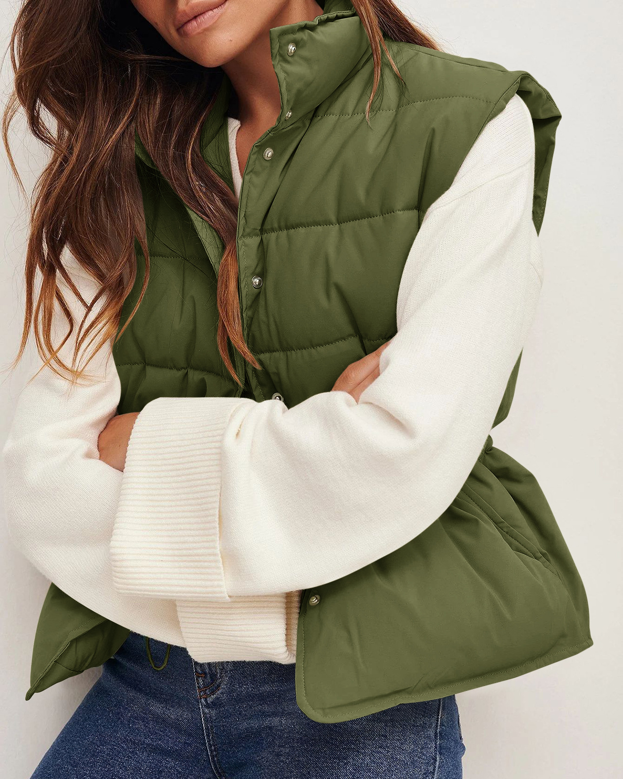 Women's Stand Collar Single breasted Cotton Vest Green - Shop at LoveMi