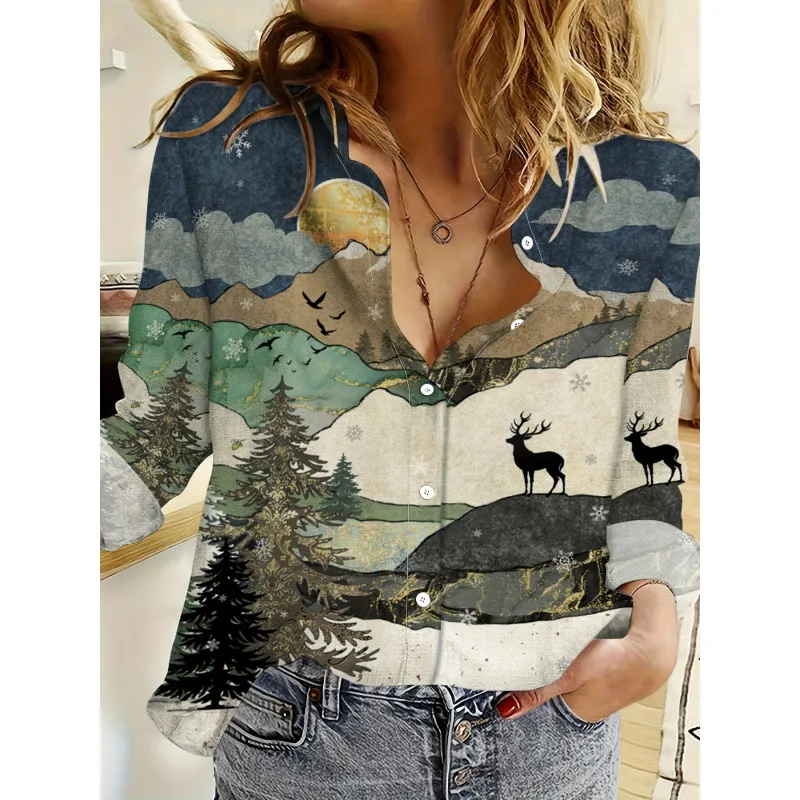 Women's 3d Printed Polka Dot Butterfly Long Sleeve Turn-down Collar Casual Shirt - Style 2