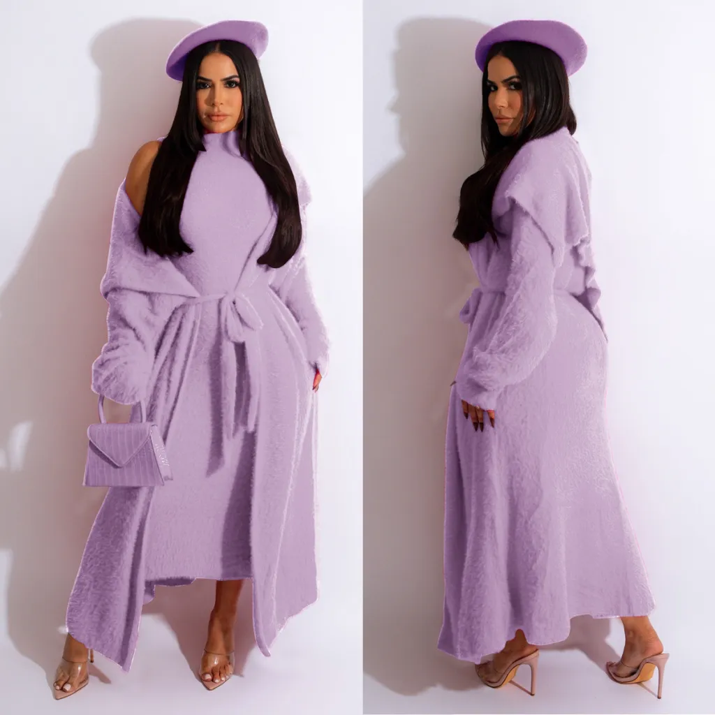 Autumn And Winter Elegant Dress Long Cardigan Velvet Two-piece Suit - Light Purple