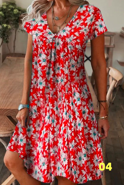 Printed Floral Pattern Round Neck Short Sleeve Dress 04 Style - Shop at LoveMi