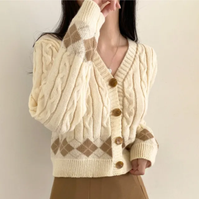 Plaid Hemp Pattern V neck Single Breasted Cardigan Top Beige - Shop at LoveMi