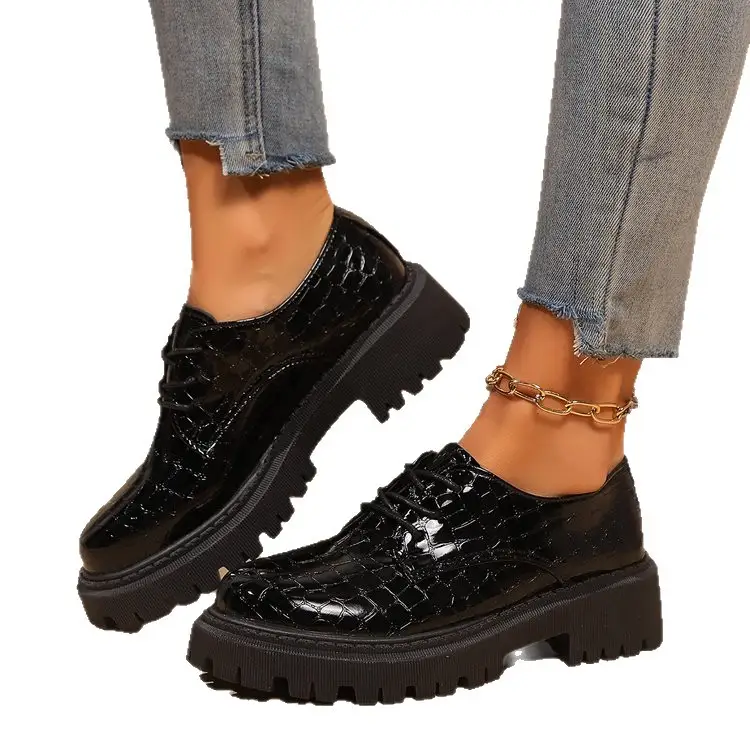 Lace-up Casual Round-toe Thick-soled Wedge Leather Shoes