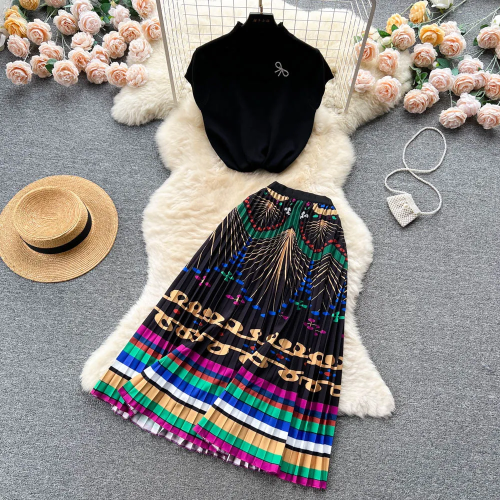 Women's Summer High-end Design Sense Niche Sleeveless Shirt Top Pleated Dress Two-piece Set - Pattern 7-Xxl