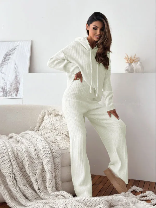 European And American Autumn And Winter Leisure Solid Color Hooded Knitted Long sleeve Suit White - Shop at LoveMi