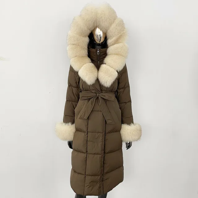 Thickened Long Section White Goose Down Slim Fit Women's Coat Brown Beige - Shop at LoveMi