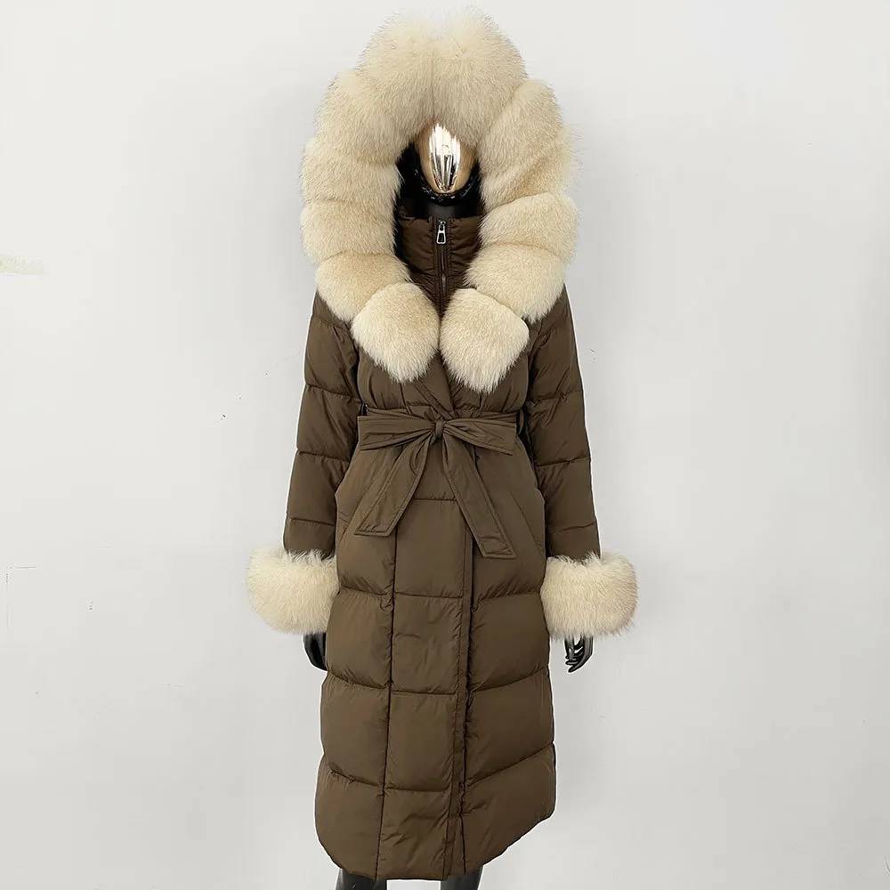 Thickened Long Section White Goose Down Slim Fit Women's Coat - Brown Beige