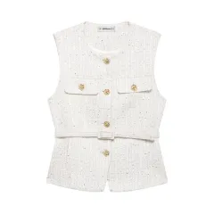 Spring New Casual Belt Vest Women's Clothing With Belt Texture Vest - White - View 1