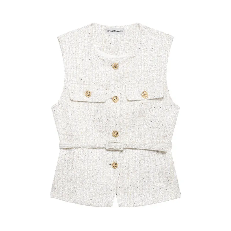 Spring New Casual Belt Vest Women's Clothing With Belt Texture Vest - White