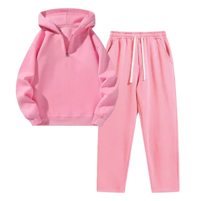 Women's Casual Lapel Half zip Sweatshirt And Wide leg Pants Set Pink - Shop at LoveMi