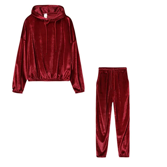 Solid Color Gold Velvet Hooded Long Sleeve Casual Suit Wine - Shop at LoveMi