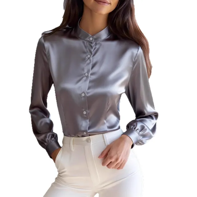 Autumn Solid Color Temperament Commuter Stand Collar Button Long Sleeve Shirt Grey - Shop at LoveMi