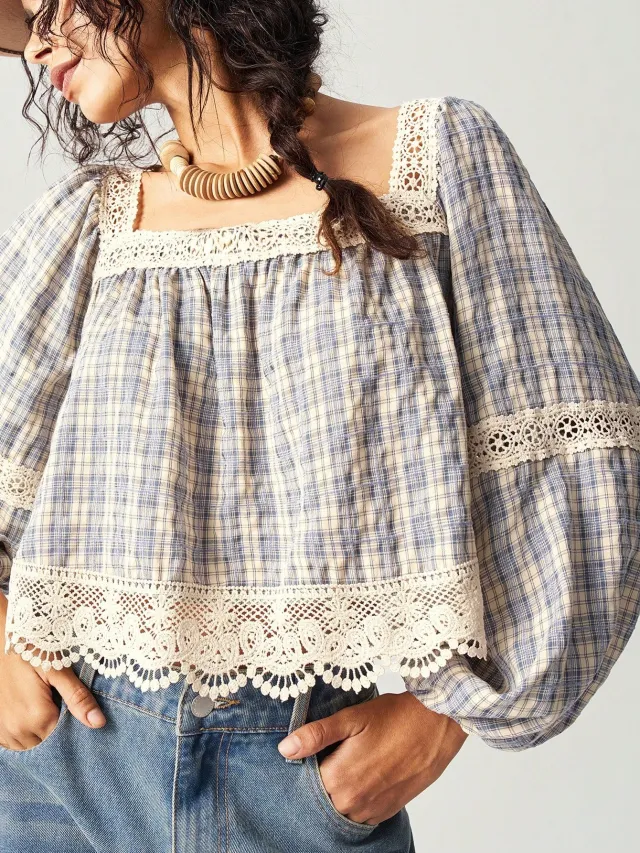 Patchwork Lace Blouse Women's Top Blue - Shop at LoveMi