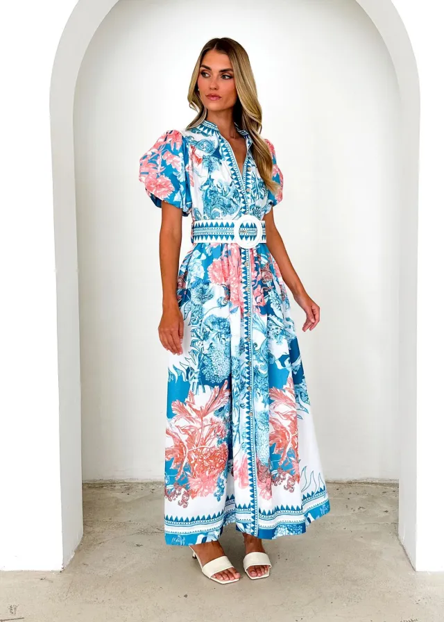 New Fashion Casual Positioning Lace Printing Long Dress Blue - Shop at LoveMi