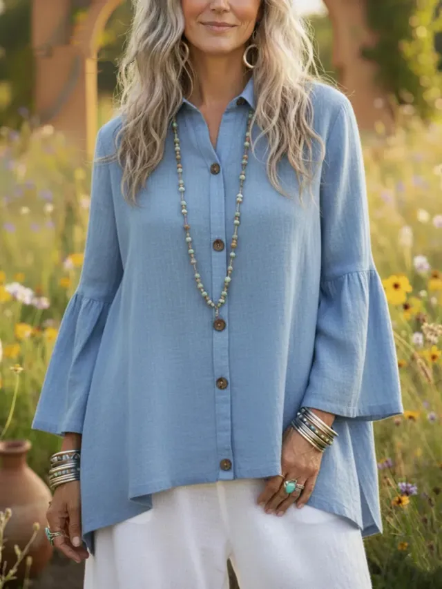 Women's Loose Solid color Cotton Linen Flare sleeve Shirt Blue - Shop at LoveMi