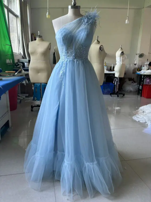 Blue One shoulder Feather Wedding Dress Blue - Shop at LoveMi